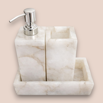 Natural White Quartz Soap Dispenser Set | 3-Piece Polished Stone Vanity Accessory with Silver Pump