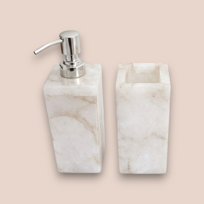 Natural White Quartz Soap Dispenser Set | 3-Piece Polished Stone Vanity Accessory with Silver Pump