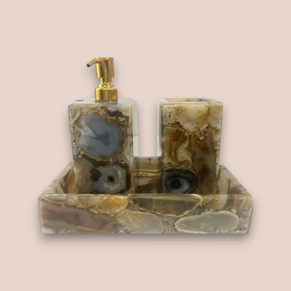 Natural Agate Bath Set | 3-Piece Luxury Stone Vanity Collection with Gold Pump