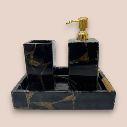 Natural Obsidian & Gold Bath Set | 3-Piece Luxury Stone Vanity Collection with Gold Pump