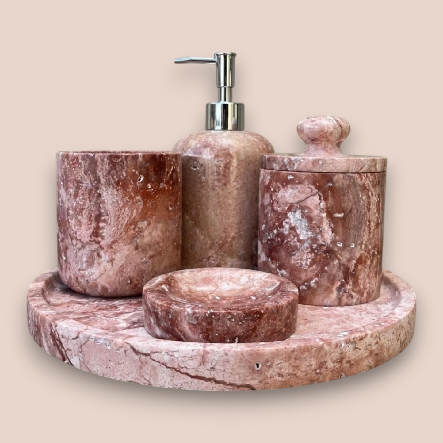Pink Marble Bathroom Accessory Set | 5-Piece Hand-Carved Stone Collection | Silver