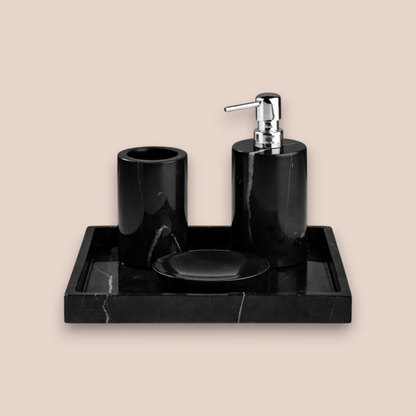 Black Marble Bathroom Accessory Set | 4-Piece Hand-Carved Stone Collection
