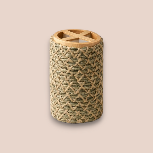 Boho Woven Bathroom Accessory Set | 4-Piece Rustic Green Polypropylene Collection