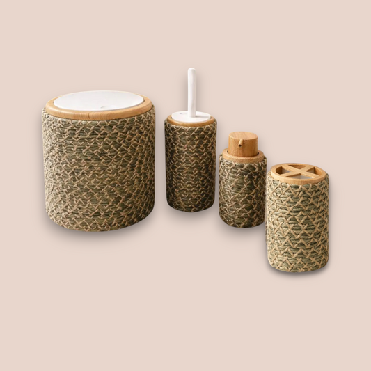 Boho Woven Bathroom Accessory Set | 4-Piece Rustic Green Polypropylene Collection