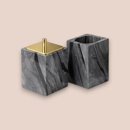Modern Grey Marble Bathroom Accessory Set | 7-Piece Stone Collection with Gold Accents