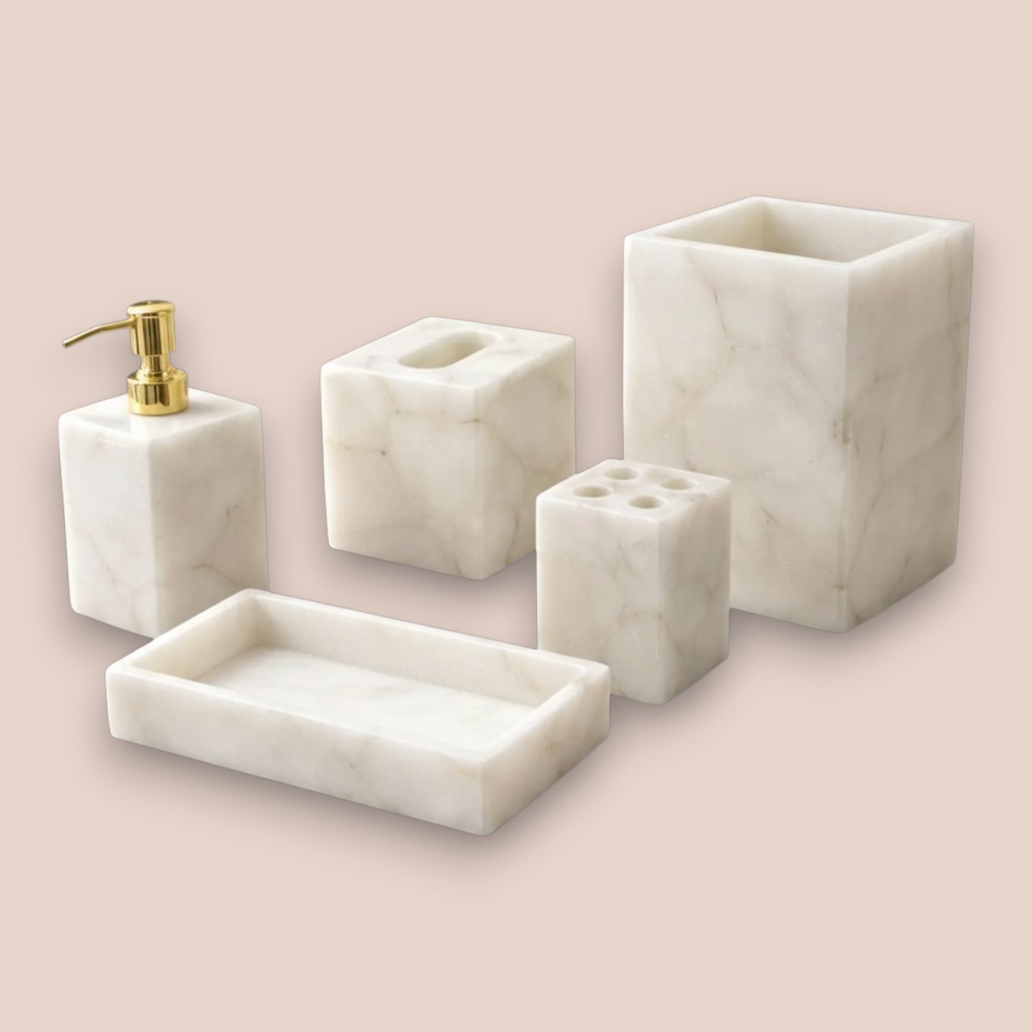 White Quartz Bath Set | 5-Piece Natural Stone Vanity Collection with Gold Pump