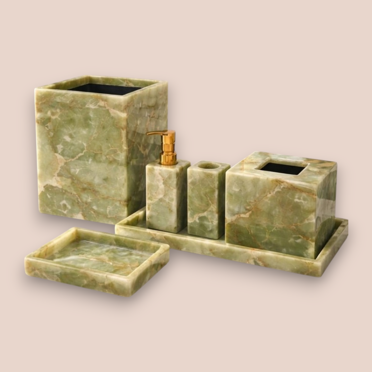 Green Onyx Bath Set | 6-Piece Natural Stone Vanity Collection with Gold Pump