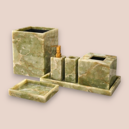Green Onyx Bath Set | 6-Piece Natural Stone Vanity Collection with Gold Pump