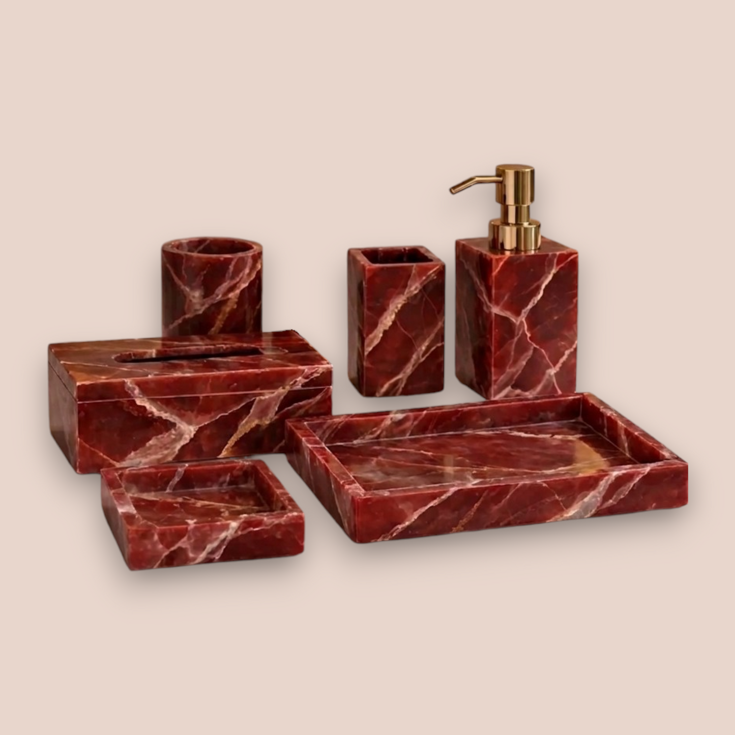 Red Onyx Bath Set | 6-Piece Natural Stone Vanity Collection with Gold Pump