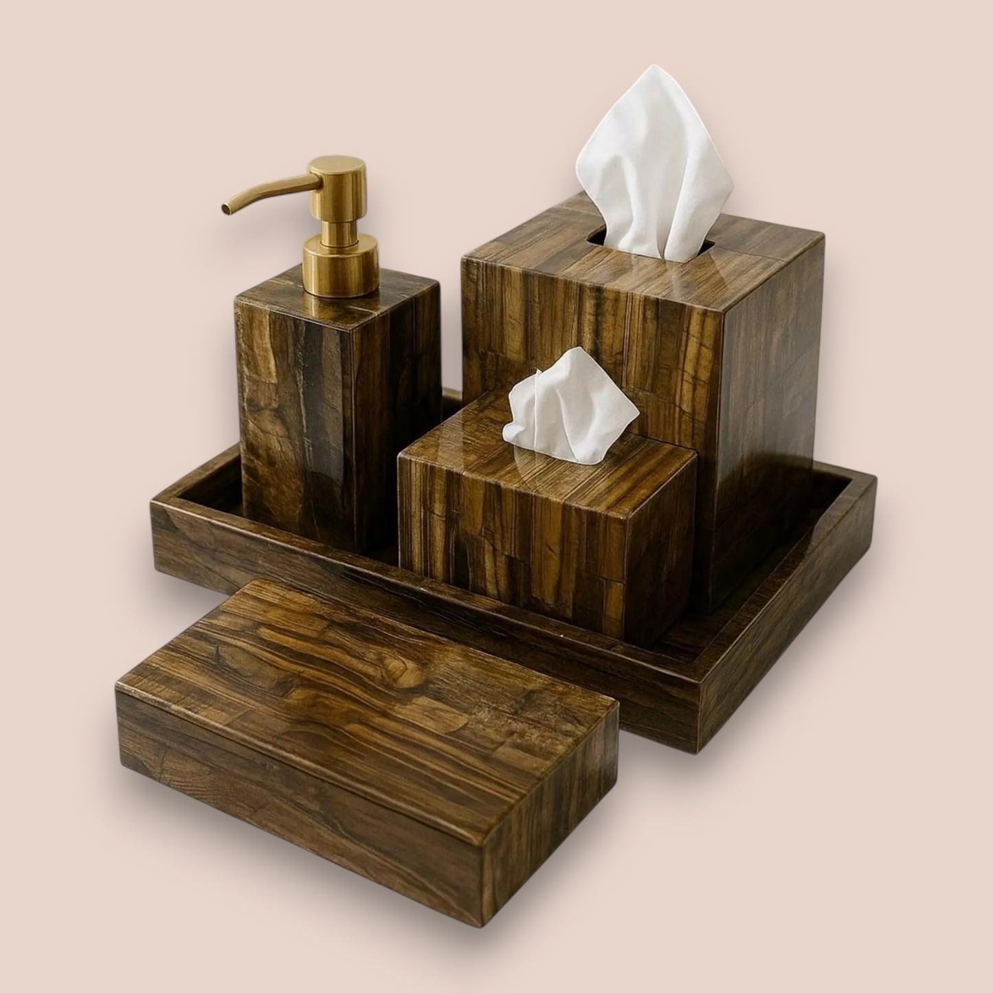 Natural Tiger's Eye Bath Set | 5-Piece Semi-Precious Stone Vanity Collection with Gold Pump