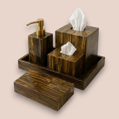 Natural Tiger's Eye Bath Set | 5-Piece Semi-Precious Stone Vanity Collection with Gold Pump