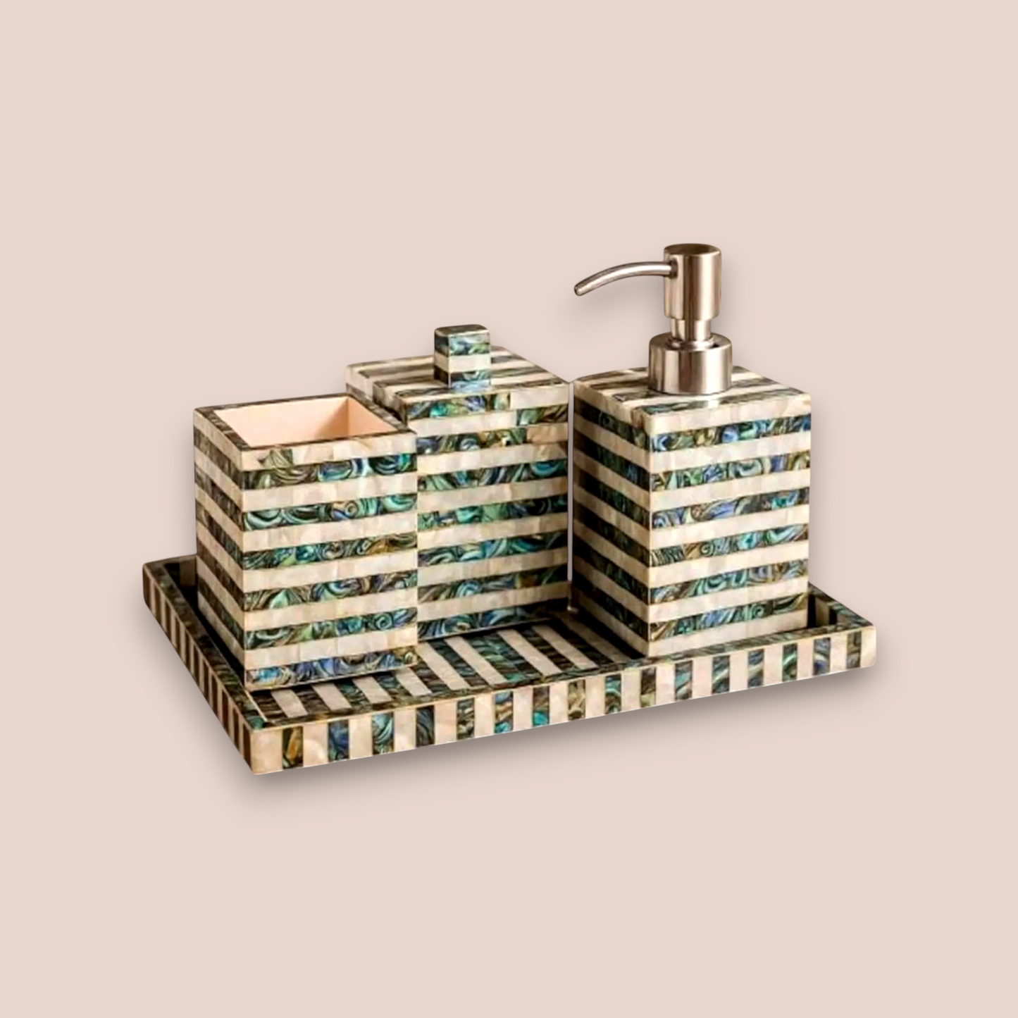 Natural Seashell Bath Set | 4-Piece Striped Inlay Vanity Collection
