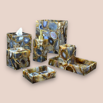Natural Blue Agate Bath Set | 7-Piece Stone Vanity Collection with Gold Pump
