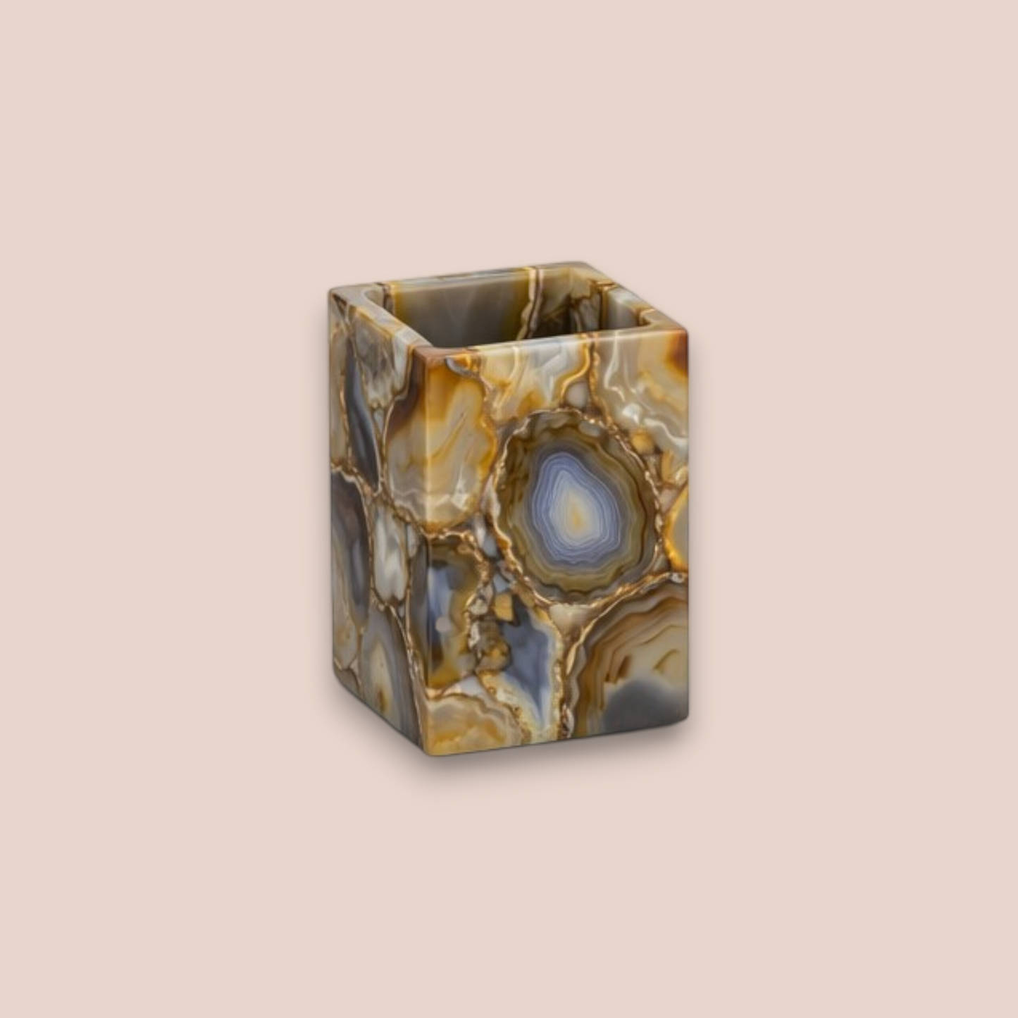 Natural Blue Agate Bath Set | 7-Piece Stone Vanity Collection with Gold Pump