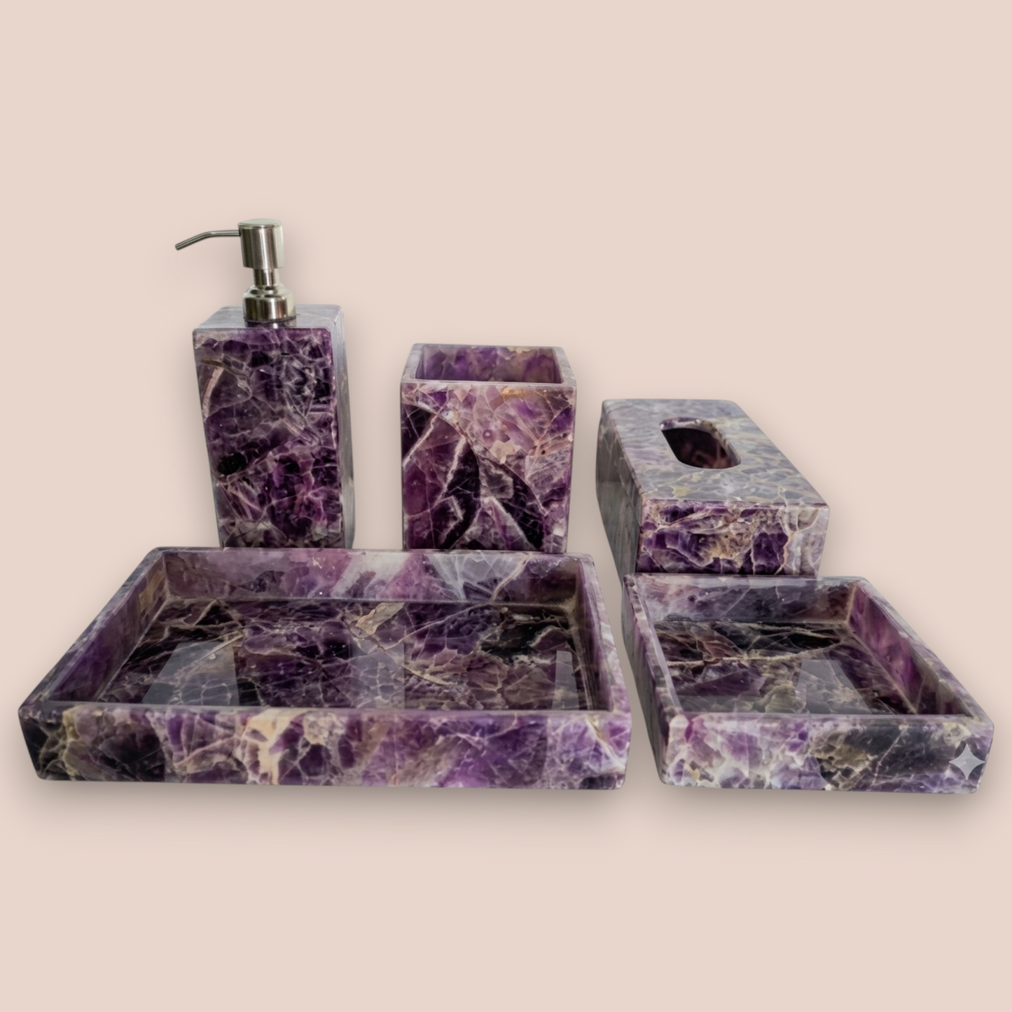 Natural Amethyst Bath Set | 5-Piece Semi-Precious Stone Vanity Collection